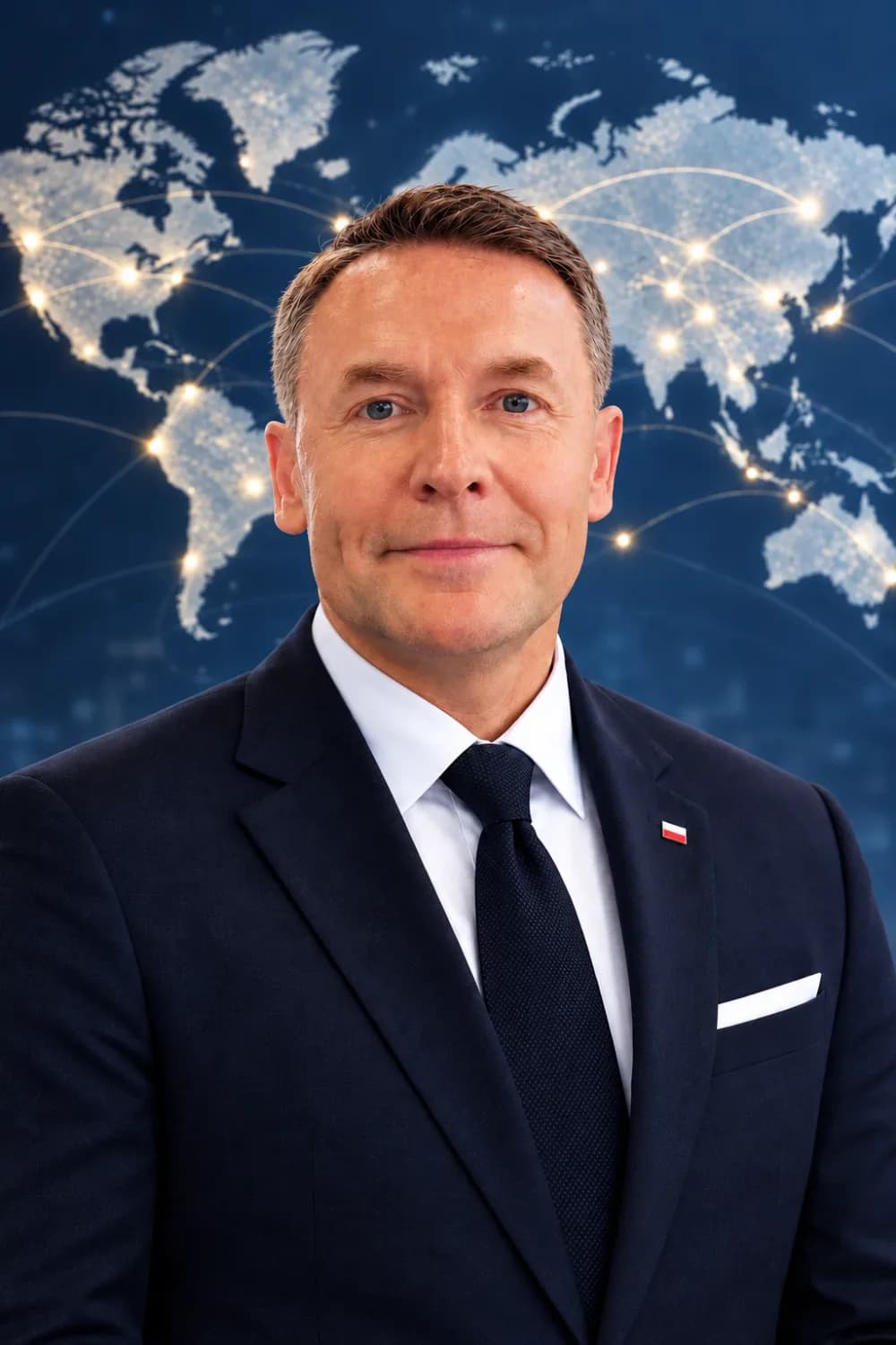Stanisław Gliwiński w granatowym garniturze z polską flagą w klapie, na tle mapy świata z połączeniami handlowymi